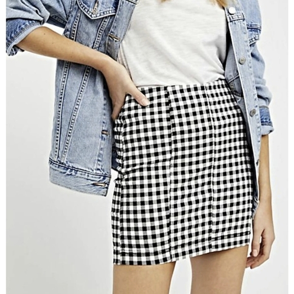 Free People Black And White Gingham Mini Skirt Stretch Cotton 8 Retro Twee - Picture 1 of 17